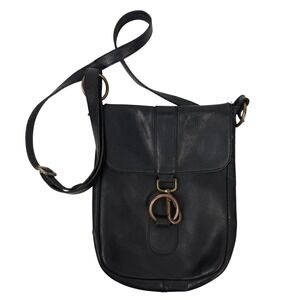 THE‎ TREND Black Leather Flap Front Brass-Tone Hardware Crossbody Bag